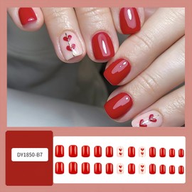 Short Square Valentines Press on Nails Small Heart Designs Glossy Finish Red Heart Glue on Nails Red Valentine Short Press on Fake Nails Cute Stick on Nails for Women Finger Manicure DIY