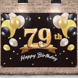 PAKBOOM Happy 79th Birthday Banner Backdrop - 79 Birthday Party Decorations Supplies for Men - Black Gold 4 x 6ft
