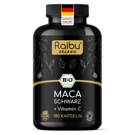 Organic Maca Capsules (Black) - High Dose Made from Pure Maca Root, 3200 mg Daily Dose - With Natural Vitamin C - Organic Certified, Vegan & No Magnesium Stearate - 180 Capsules Raibu