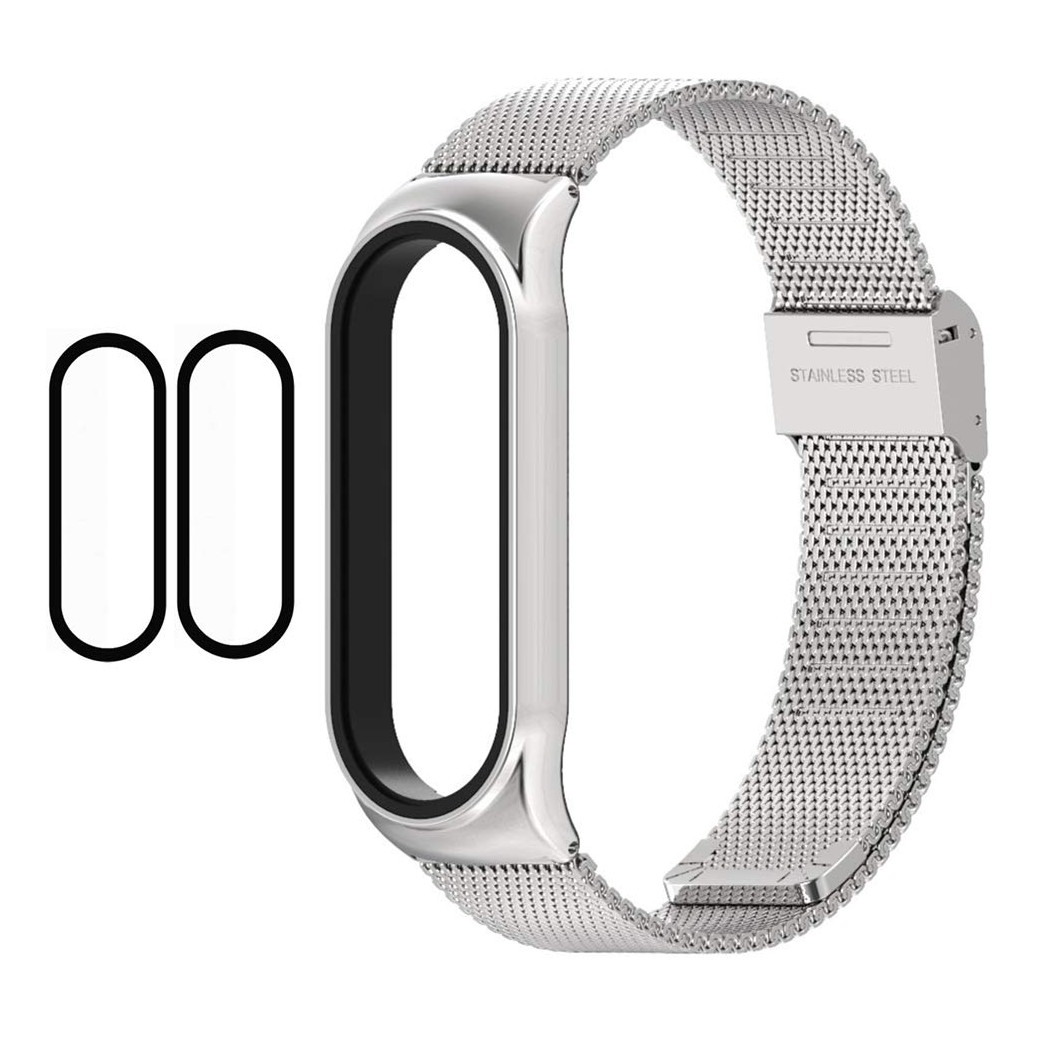 1 Mi Band 5 Strap Metal + 2 Mi Band 5 Screen Protector, 16mm Replacement Band Strap for Xiaomi Mi Band 5 Global Version Smart Bracelet (Silver)