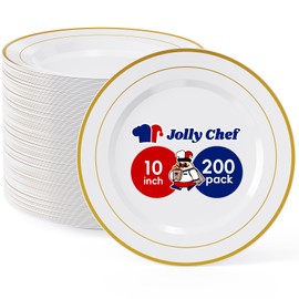 JOLLY CHEF 200 Pieces Gold Plastic Plates, 10 Inch Disposable Plates White Plate with Gold Rim， Heavy Duty Plastic Plates for Dinner、Birthdays and Weddings
