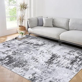 GarveeHome 5x7 Modern Abstract Area Rugs Faux Wool Rug Ultra-Soft Low Pile Stain Resistant Machine Washable Carpet for Bedroom with Non Slip Backing, Grey