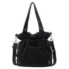 Women's Denim Canvas Tote Bucket Bag Drawstring Crossbody Shoulder Purse Vintage Shoulder Handbag Commute Travel Bag, Black, Free