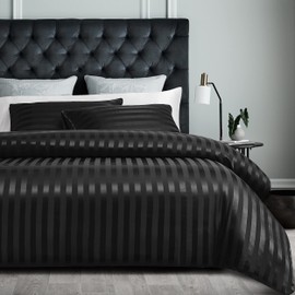 Damier Bed Linen 155 x 220 cm Black Satin Striped Bed Linen Set Silky Shiny High-Quality Gloss Satin Duvet Cover with Concealed Zip - 155 x 220 cm + 80 x 80 cm, 155 x 220 cm
