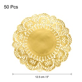 sourcing map 50 Pcs Gold Lace Paper Doilies 5 Inch Round Paper Doilies Tableware Disposable Foil Lace Paper Decorative Paper Placemats for Wedding, Birthday, Cakes, Desserts, Tableware Food