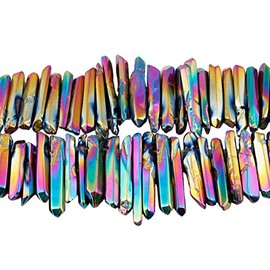 TUMBEELLUWA Rock Quartz Crystal Points Loose Beads for Jewelry Making, Titanium Coated Polished/Raw Quartz Points Beads 15 Inches Top Drilled,Rainbow Crystal Points(0.5"-1.6")