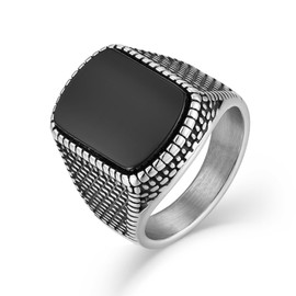 Raymard Onyx Stainless Steel Textured Signet Rings for Men, Size 7-12, Stainless Steel, Onyx