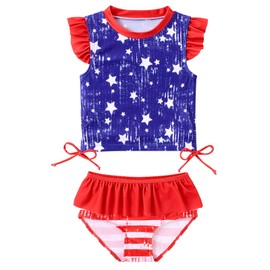 Cuddomper Toddler 5T Girls American Flag Swimsuit 4T 4th of July Bathing Suit 2 Piece Ruffle Tankini Top and Bikini Bottom Glitter Neon Swimwear Beach Summer