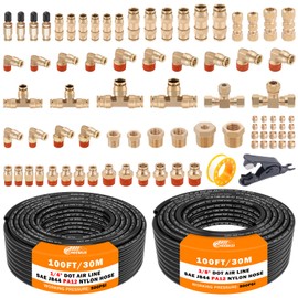 CheeMuii 80 PCS Brass DOT Air Line Fittings with 100FT 1/4" and 100FT 3/8" DOT Air Line Kit Push Lock Air Fitting Quick Connect & NPT Thread Fittings with Pneumatic Tubing