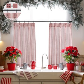 LIMON HOME Christmas Kitchen Curtains 24 inch Length,Red Striped Pinch Pleat Cafe Curtains with Hooks and Rings,Burgundy Kitchen Curtain 2 Panels Set
