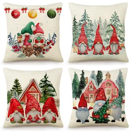 OYIMUA Set of 4 Cushion Covers 45 x 45 Linen Square Throw Pillow Red and Green Christmas Decorative Pillows 18x18 Holiday Decor Cushion Case for Sofa Bedroom