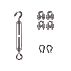 Stainless Steel Turnbuckle Tensioner Set, Wire Rope Clamping Nut, M6 / M3 hooks and 1/8" Wire Cable Finger Hat Clip/Terminal Set