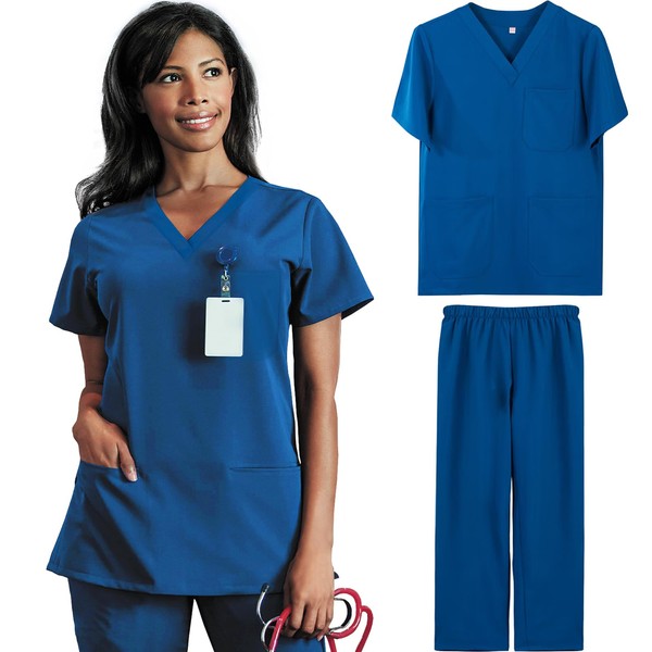 BIOECEUA Scrubs Uniforms Women Set, Slim Stretch Curved V Neck