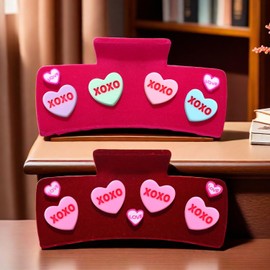 Vokone 2 Pack Valentines Day Hair Claw Clips for Women Pink Conversation Heart Hair Clips XOXO Candy Heart Hair Claws Valentine's Day Accessories Outfits Party Favors