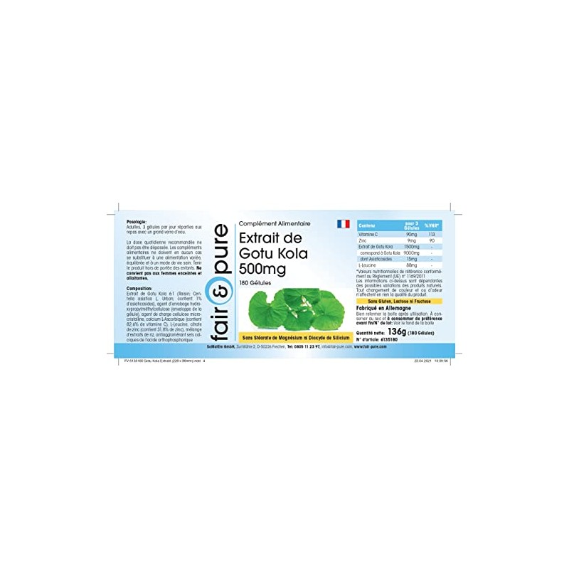 Gotu Kola Extract 500 mg - Vegan - 180 Capsules