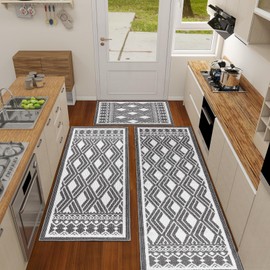 DINSUMRUG Kitchen Rugs Set of 3, Japanese Wave Kitchen Mats for Floor Nylon TPR Non-Slip Washable Sink & Standing Mats Absorbent Resist Dirt Kitchen Runner Rug Grey(20"x59"+20"x47"+20"x32")