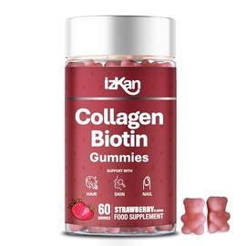 Collagen Gummies with Zinc, Biotin, Vitamin C & E – Type 1 Hydrolysed Collagen for Hair, Glowing Skin Nails & Joint Support – High Absorption, Gluten-Free, Natural Strawberry Flavour – 60 Gummies (1)