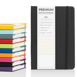 Bullet Journal A5 Dotted Notebook with Faux Leather Hardback Cover and Premium 120gsm Thick Dot Grid Paper (128 Cream Pages, Black)