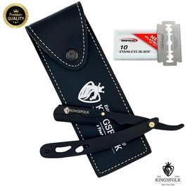 Kingsfolk Premium Barber Straight Razor for sale with 10 Free double Edge Blades, Leather Pouch, Steel Stainless Comfort Handle, Traditional Single Blade Design beard manual shaver