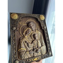 Handmade wooden Holy Family - Wood Carved Nativity Icon - 10 x 12 inches made of natural oak - wall hanging christian wall art