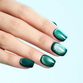 Green Press on Nails, Handmade Cat Eye False Nail Set 24 PCS, Short Press on Nails Square Glossy Glue on Nail Resuable Glue for Women