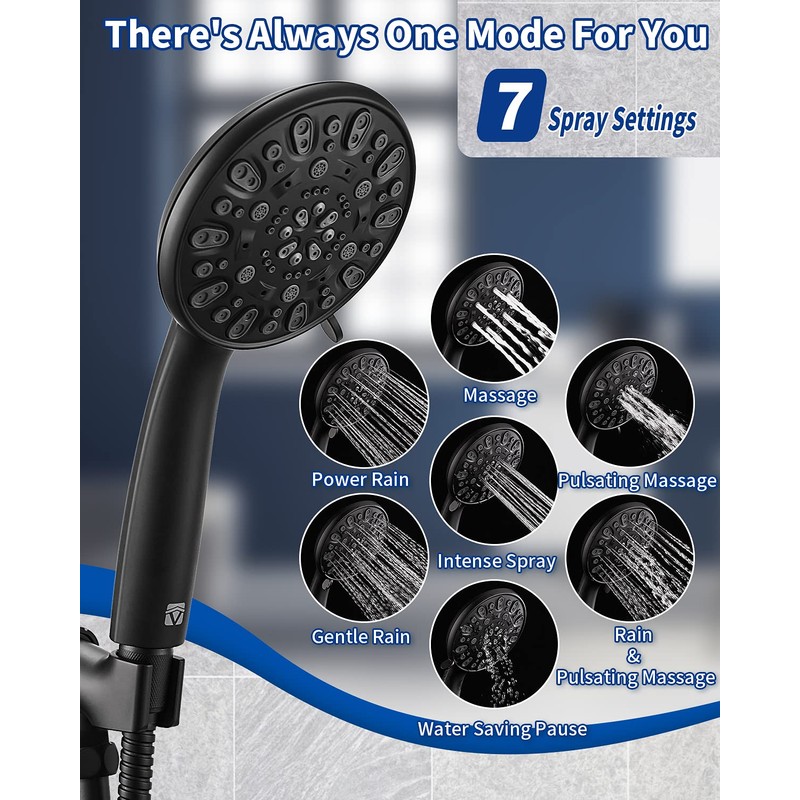 High Pressure Handheld Shower Head VMASSTONE 7-Spray Setting Showerhead Kit