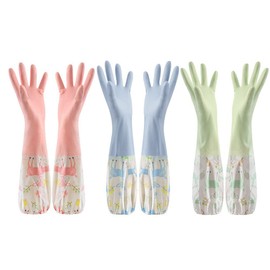 [Adetina] ゴム手袋 ロング キッチングローブ 食器洗い 裏起毛 厚手 おしゃれ 炊事 掃除用 3色セット