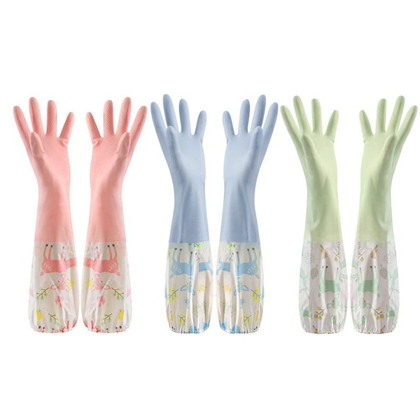 [Adetina] ゴム手袋 ロング キッチングローブ 食器洗い 裏起毛 厚手 おしゃれ 炊事 掃除用