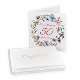 Hunts England - Boxed Godmother 50th Birthday Card - Happy Birthday - 50 - Godmother - Meadow Collection - Flowers, Butterflies, Pretty Card - Card In Keepsake Box