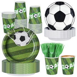 100Pcs Soccer Party Disposable Tableware Set, 8.5inch & 7inch Paper Plates, 8oz Paper Cups, Green Plastic Sporks, Serves 25 Guests, Football Birthday Party Supplies