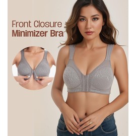 HACI Women's Front Closure Posture Bra Full Coverage Back Support Wireless Unpadded(Grey,44DDD)