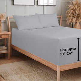 Royale Linens Extra Deep Pocket Queen Fitted Sheet - Soft Silver Queen Size - Fits 18 inch to 24 inch Thick Mattress