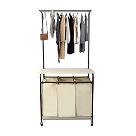 Laundry Sorter Cart 3-Section Laundry Hamper with Ironing Board and Hanging Bar Clothes Rack 3 Removable Bags