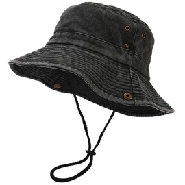 Unisex Cotton Boonie Hat Summer Outdoor Packable Fishing Bucket Hat Beach Sun Hat with String for Women Men (US, Alpha, One Size, Retro Black)
