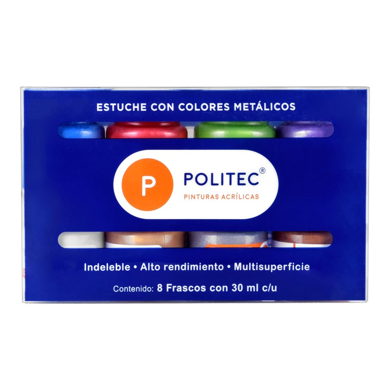 Set Con 8 Piezas De Acrilico Politec 30ml Metalico