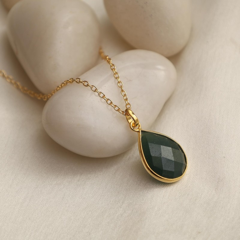 Gempires Green Jade Pear Shaped Teardrop Crystal Necklace, Bezel Pendant