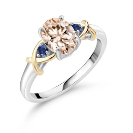 Gem Stone King 925 Silver and 10K Yellow Gold Peach Morganite and Blue Created Sapphire Ring For Women (1.09 Ct tw, Gemstone Birthstone, Available In Size 5, 6, 7, 8, 9)