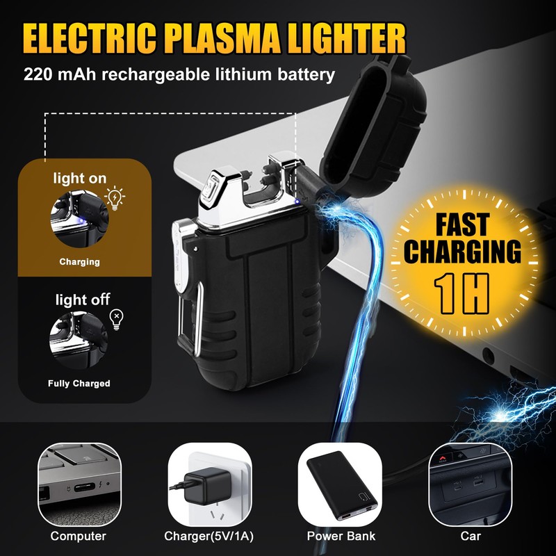 LcFun Waterproof Electric Lighter Windproof Dual Arc USB Rechargeable Flameless
