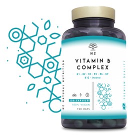 Vitamin B Complex High Strength. Vitamin B12, B9 (folic Acid), B7 (Biotin), B6, B5, B3, B2, B1,Inositol. Improves Mental Performance and Reduces Fatigue. 150 Capsules. Vegan. CE. N2 Natural Nutrition