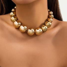 Pearl Necklace Chunky Gold Silver Bib Necklace for Women Statament Layered Ball Beaded Choker Necklace Thick Gold Heart Collar Necklace Big Pearl Necklaces Set Prom Wedding Jewelry Gifts for Brides(Ball Gold)
