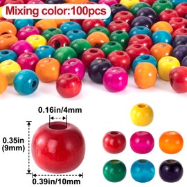 Pndeyo 100pcs 9x10mm Wooden Beads for Crafts, Colorful Round Large Hole Wood Hair Bead, Lightweight Wooden Spacer Beads for Macrame Necklace Bracelet DIY Craft Handmade Decor