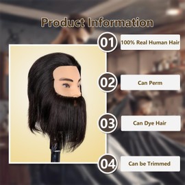 Eumos Mannequin Head, Male Mannequin Head with Human Hair 12'' Barber Mannequin Head 100% Manikin Head Doll Head with Stand Practice Cutting Styling,Barber Shop,Cosmetology School(Black Beard)
