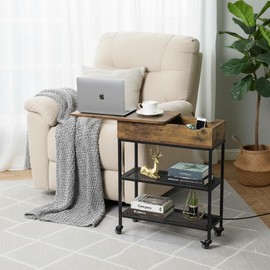 Hadulcet Narrow End Table with Charging Station & Rotating Top, Couch Snack Tables, Swivel Table for Recliner Living Room & Bedroom, Rolling Slim Side Table on Wheels, Skinny Nightstand, Rustic Brown