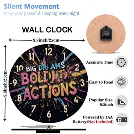 10-Inch Silent Wooden Wall Clock, " Motivational Clock Big Dreams Bold Actions Inspirational Wall Decor ” Silent Non-Ticking Clock, Battery Operated (AA Batteries Not Included), Artistic Home Decor