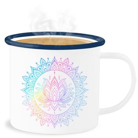Enamel Tin Cup – Yoga – Cups – Lotus Flower Spiritual Meditation Mandala Pilates Lotus Relaxation – 300 ml – White Blue – Yoga Cup Gifts for Fans Everything