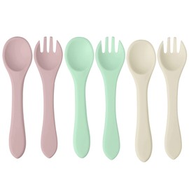 PandaEar Silicone Baby Spoon and Fork Set | 6 Pack First Stage Toddler Self Feeding Utensils 6-12 Months, 3 spoons & 3 forks | LED Weaning Spoons