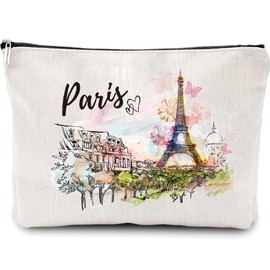 Travel Cosmetic Makeup Bag Gift - White Paris Make Up Bag Eiffel Tower Cosmetic Zipper Travel Organizer Pouch Beauty Gifts for Women Graduation Gift Friend Stident Teather Trave Essentials