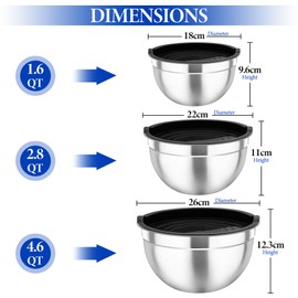 Joyfair Mixing Bowl Set of 3, Stainless Steel Nesting Mixing Bowls with Airtight Lids, Metal Salad Bowl for Baking/Prepping/Serving/Whipping, Dishwasher Safe & Space Saving, 4.6/2.8/1.6QT - Black