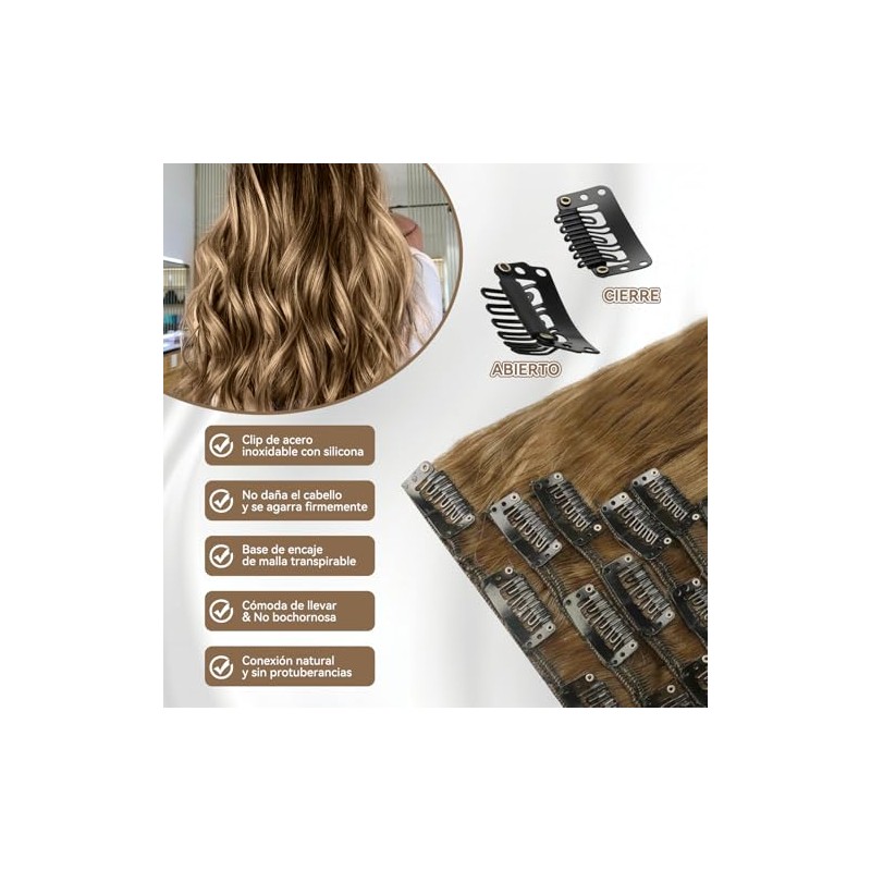 Extensiones de Cabello con Clip, Invisible Onduladas, 6 piezas, Ajustable