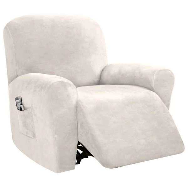 PrinceDeco Recliner Chair Cover Velvet Stretch Recliner Couch Covers 4-Pieces Style Recliner Chair Covers Recliner Cover for Reclining Chair Slipcovers Feature Non Slip Form Fitted Thick Soft, Ivory